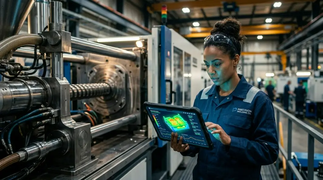 A technician using a tablet to monitor real-time data from a smart injection molding machine showing 3D heat maps of the mold